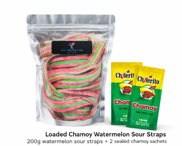 Packaged Loaded Chamoy Watermelon Sour Straps with two sealed chamoy sachets on a white background.